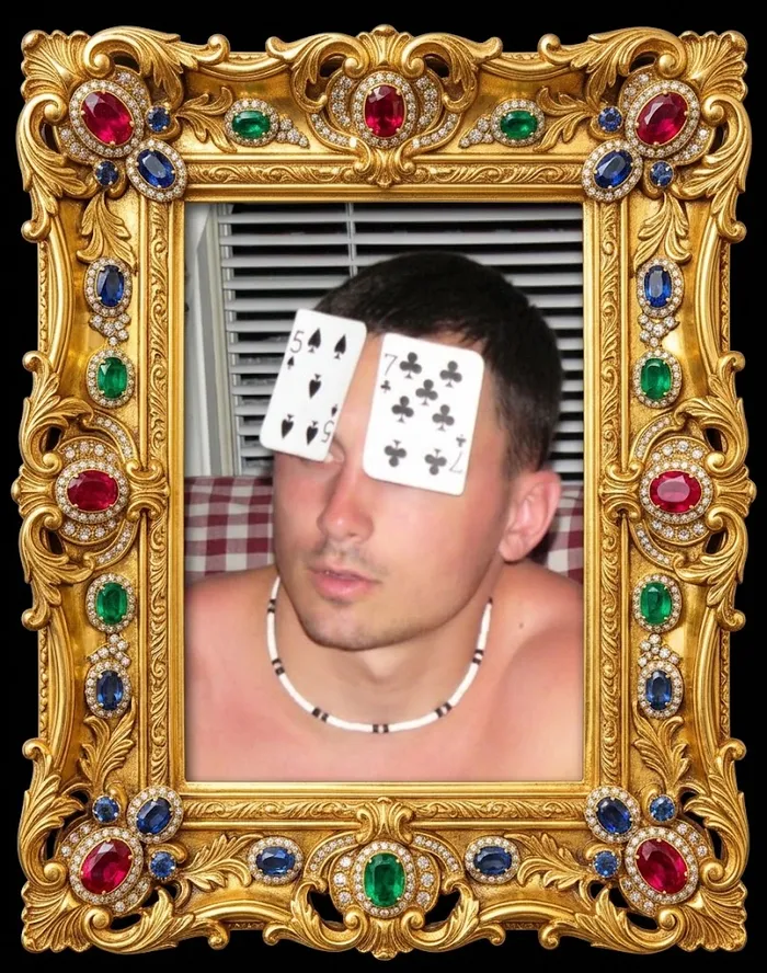 Ty Stav, the Pimp of SEO, in a jeweled gold frame with playing cards over his eyes